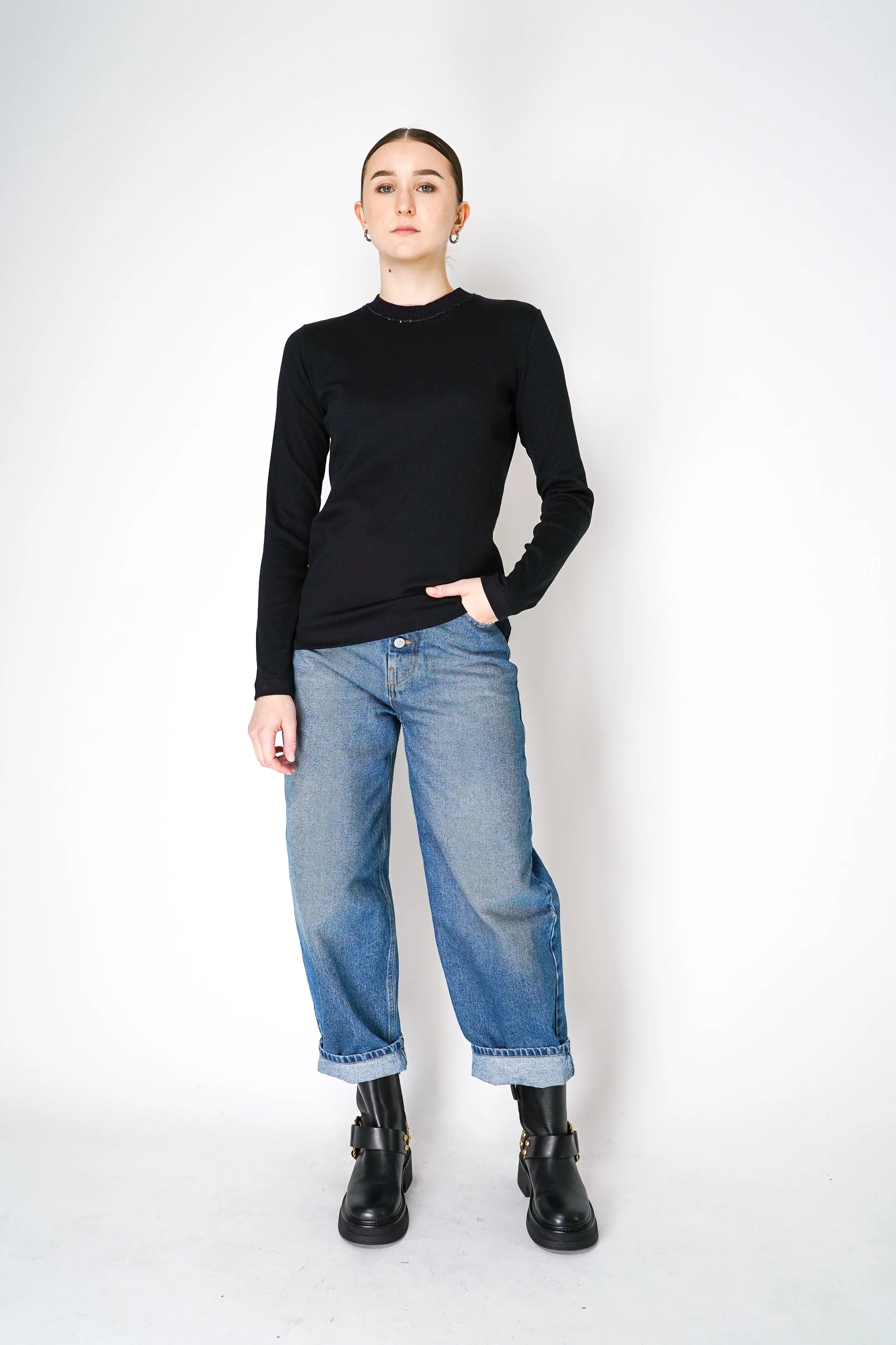 Fabiana Filippi Long Sleeve Jersey Top with Knitted Crew Neck in Black