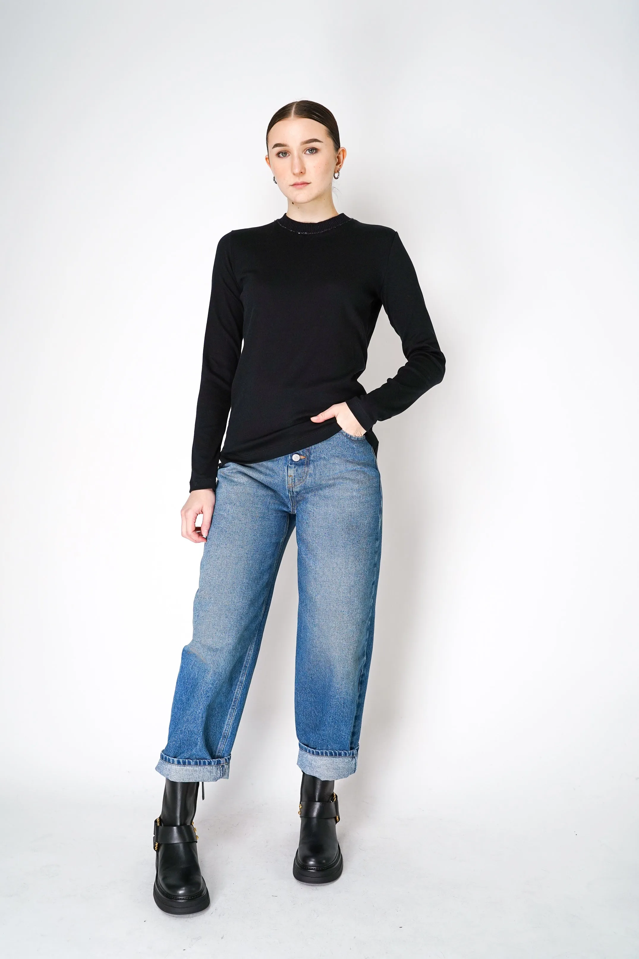 Fabiana Filippi Long Sleeve Jersey Top with Knitted Crew Neck in Black