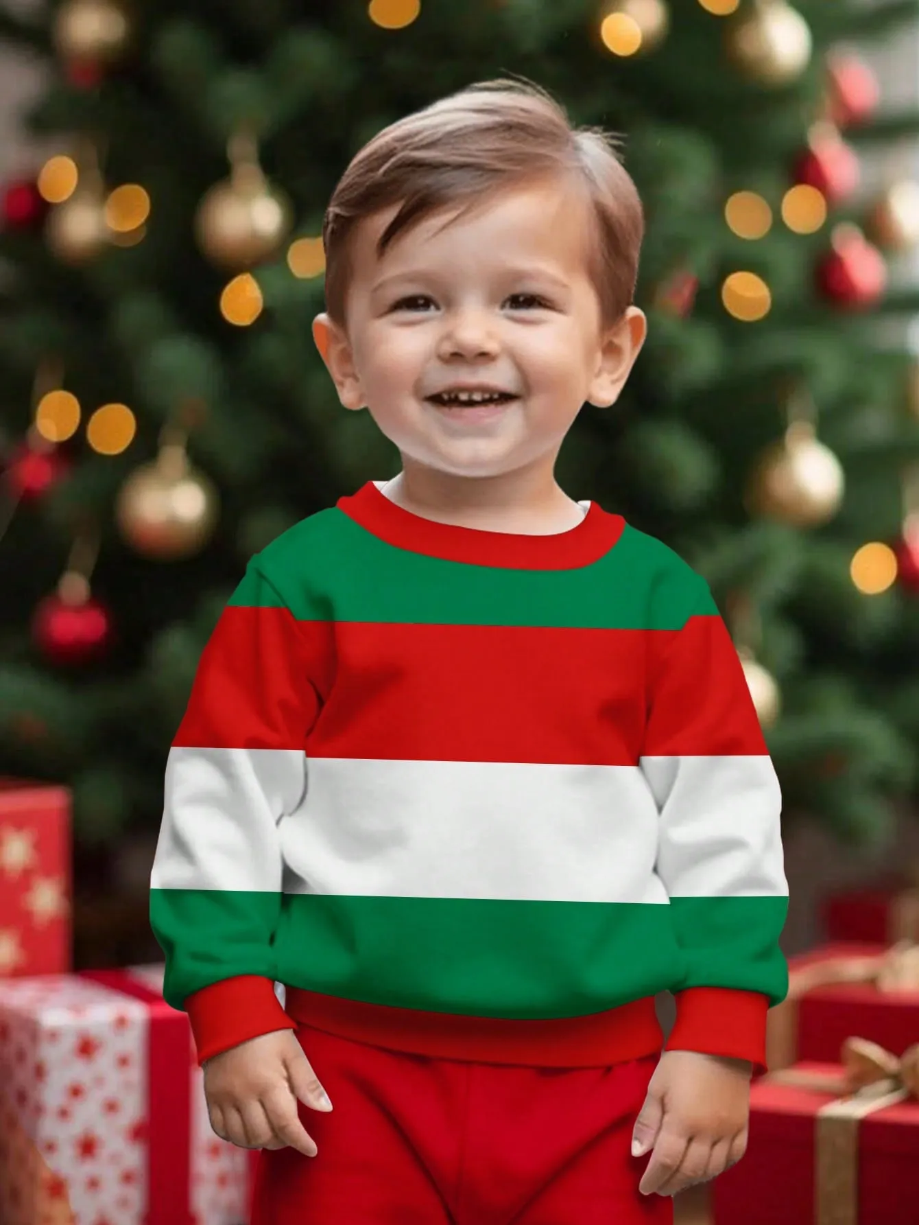 Fleece lined hoodie|Merry Christmas Striped Print, Red & Green, Baby Boy Casual Minimalist Loose Fit Fleece Lined Soft Round Neck Pullover Hoodie, Suitable For Autumn/Winter