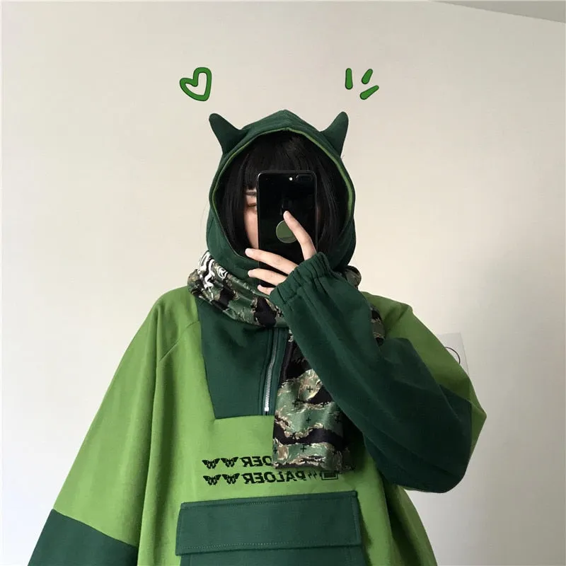 Joskaa Harajuku Frog Hoodie Women Sweatshirt Streetwear Women Anime Long Sleeve Oversized Kawaii Cute Pullover Green Top Girls 2024 New