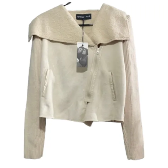 Kendall   Kylie Bridge Faux Shearling Asymmetrical Zipper Sweater Jacket Size L