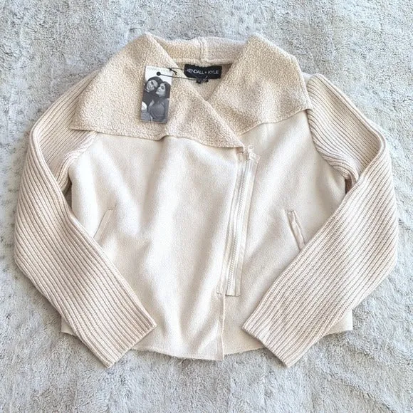 Kendall   Kylie Bridge Faux Shearling Asymmetrical Zipper Sweater Jacket Size L