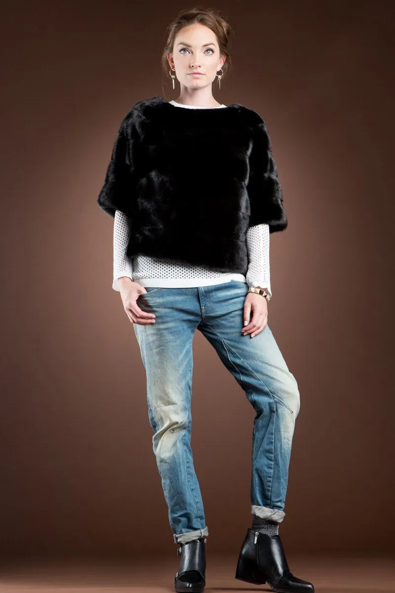 Long Horizontal Solid Color Mink Fur Pull - Over - Side Zipper