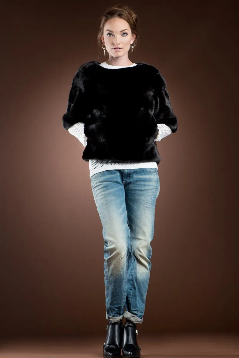 Long Horizontal Solid Color Mink Fur Pull - Over - Side Zipper