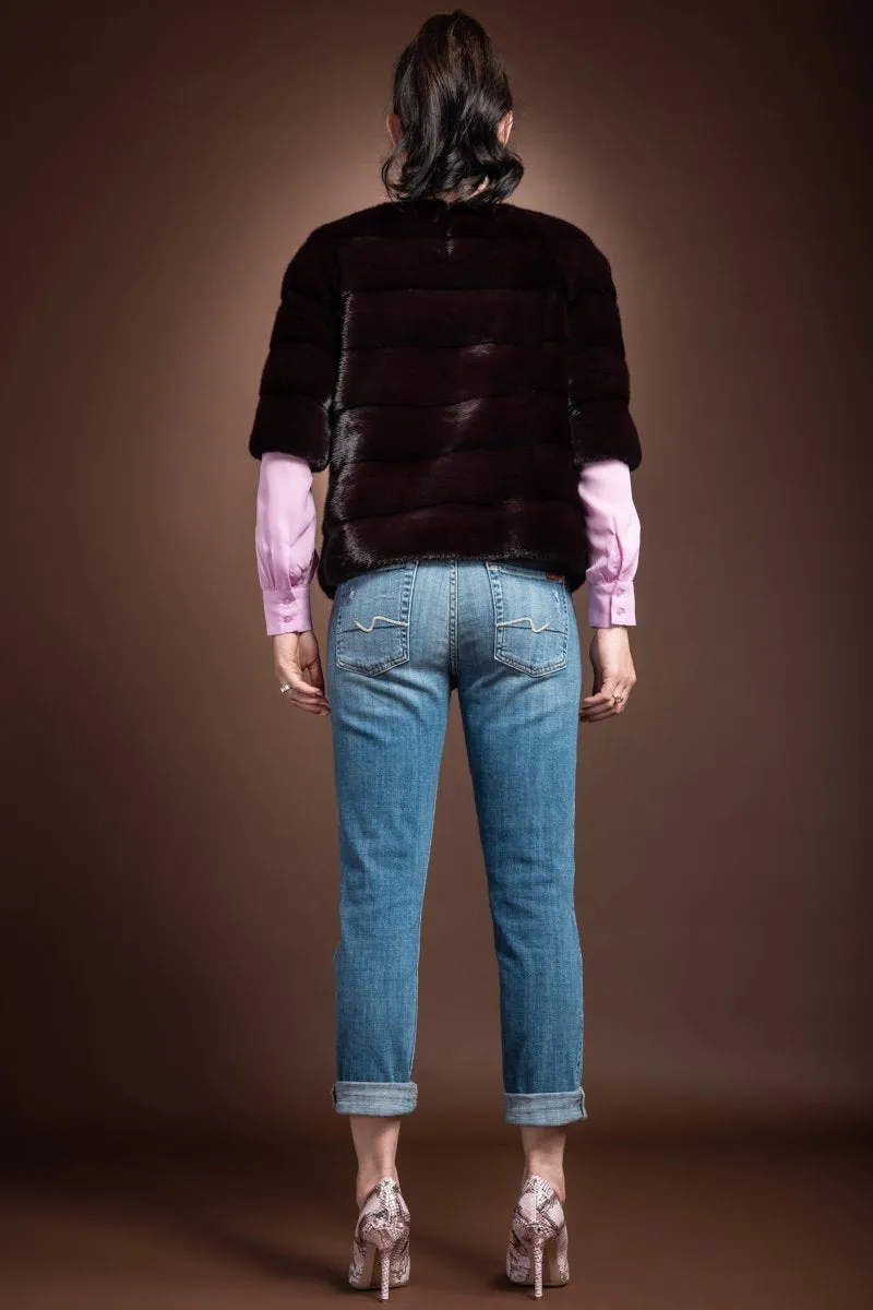 Long Horizontal Solid Color Mink Fur Pull - Over - Side Zipper