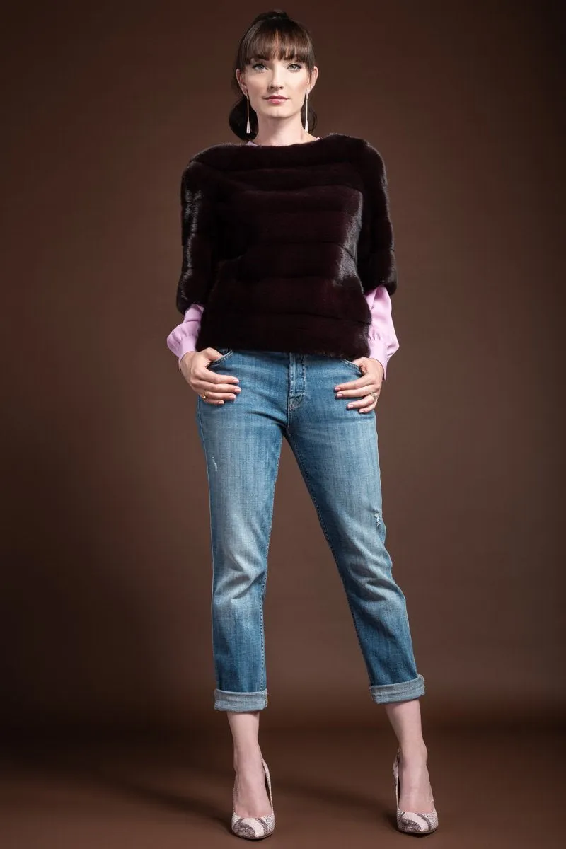 Long Horizontal Solid Color Mink Fur Pull - Over - Side Zipper