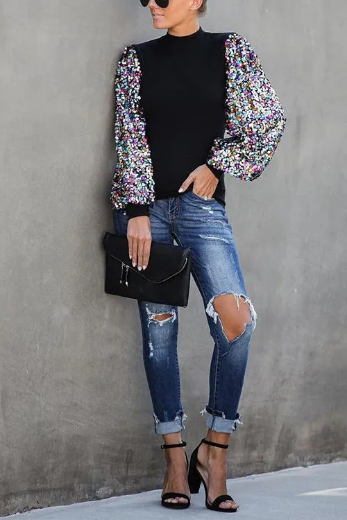 Moxidress Creneck Sequin Lantern Sleeve Knitting Blouses