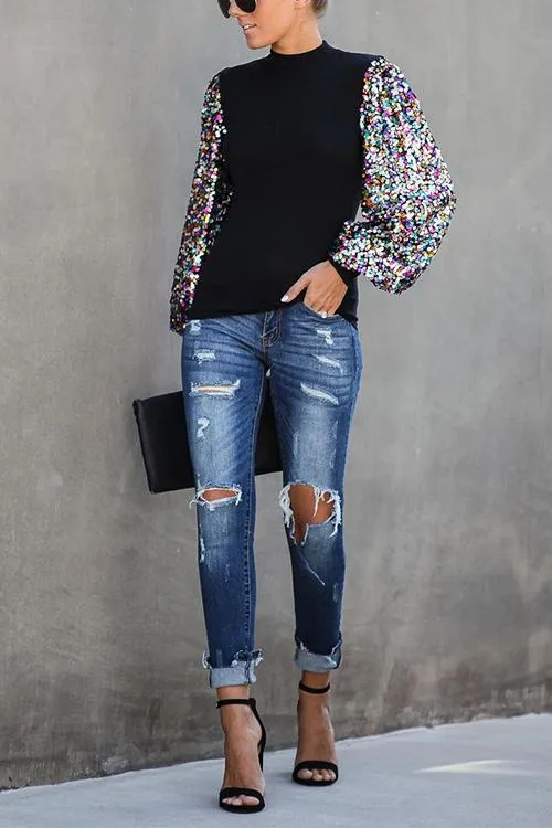 Moxidress Creneck Sequin Lantern Sleeve Knitting Blouses