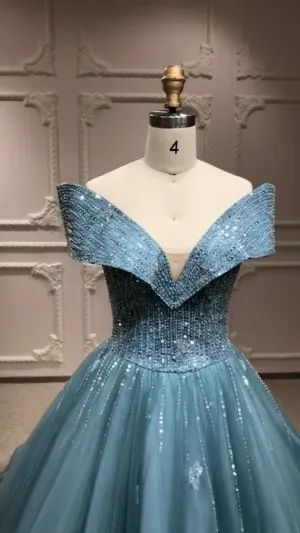 Off shoulder dusty blue crystals beaded prom ball gown