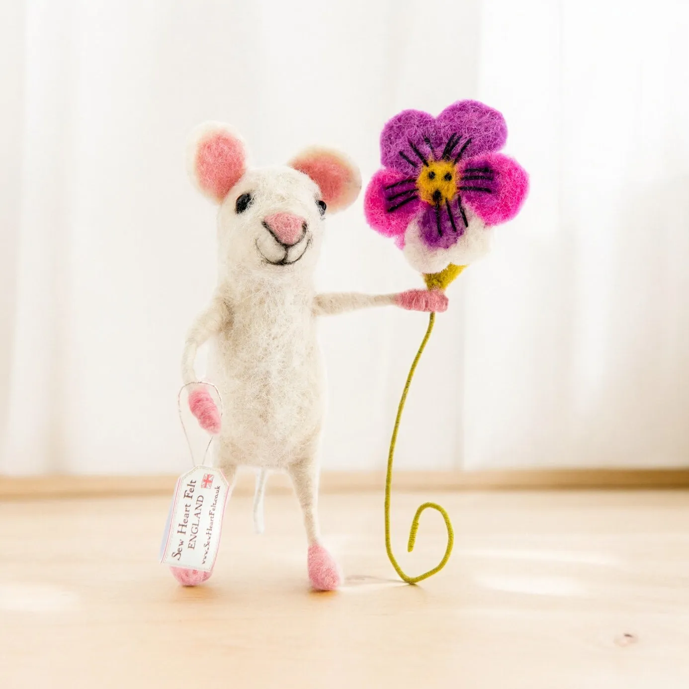 Sew Heart Felt Hand Made White Needle Felted Mouse holding a Pansy,  Engagement, Birthday, Anniversary, Wedding, Bride Shower, New Home Gift, Mum Birthday