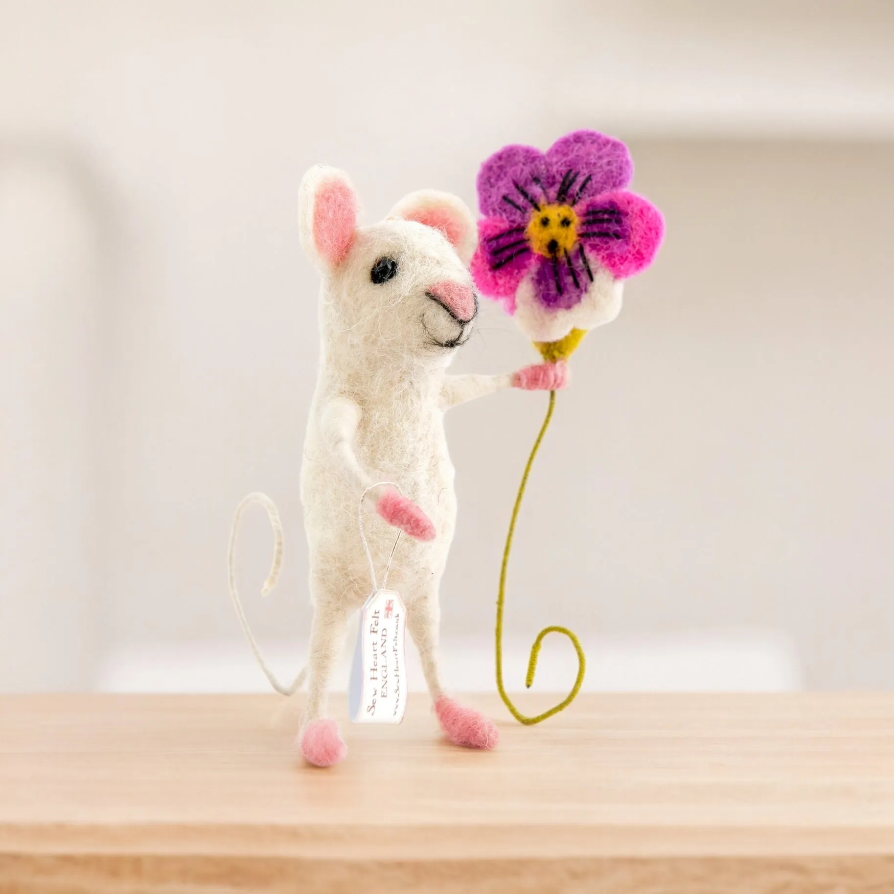 Sew Heart Felt Hand Made White Needle Felted Mouse holding a Pansy,  Engagement, Birthday, Anniversary, Wedding, Bride Shower, New Home Gift, Mum Birthday