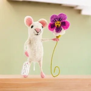 Sew Heart Felt Hand Made White Needle Felted Mouse holding a Pansy,  Engagement, Birthday, Anniversary, Wedding, Bride Shower, New Home Gift, Mum Birthday