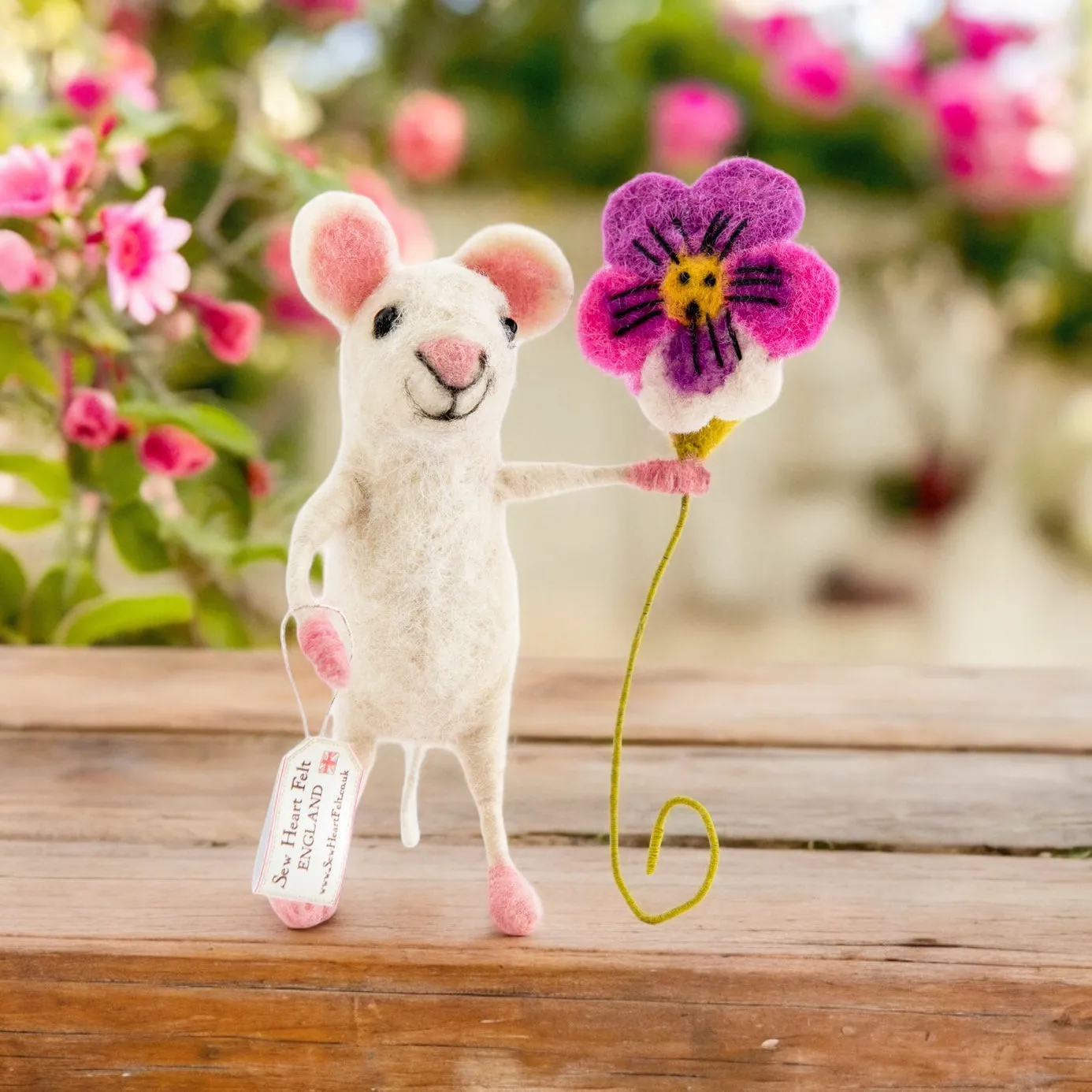 Sew Heart Felt Hand Made White Needle Felted Mouse holding a Pansy,  Engagement, Birthday, Anniversary, Wedding, Bride Shower, New Home Gift, Mum Birthday