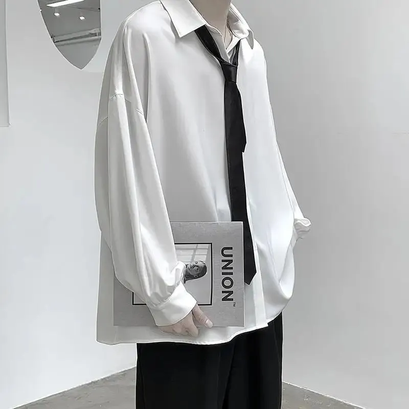 TOLEET-Black Long-sleeved Shirts Men Korean Comfortable Blouses Casual Loose Single Breasted Shirt With Tie