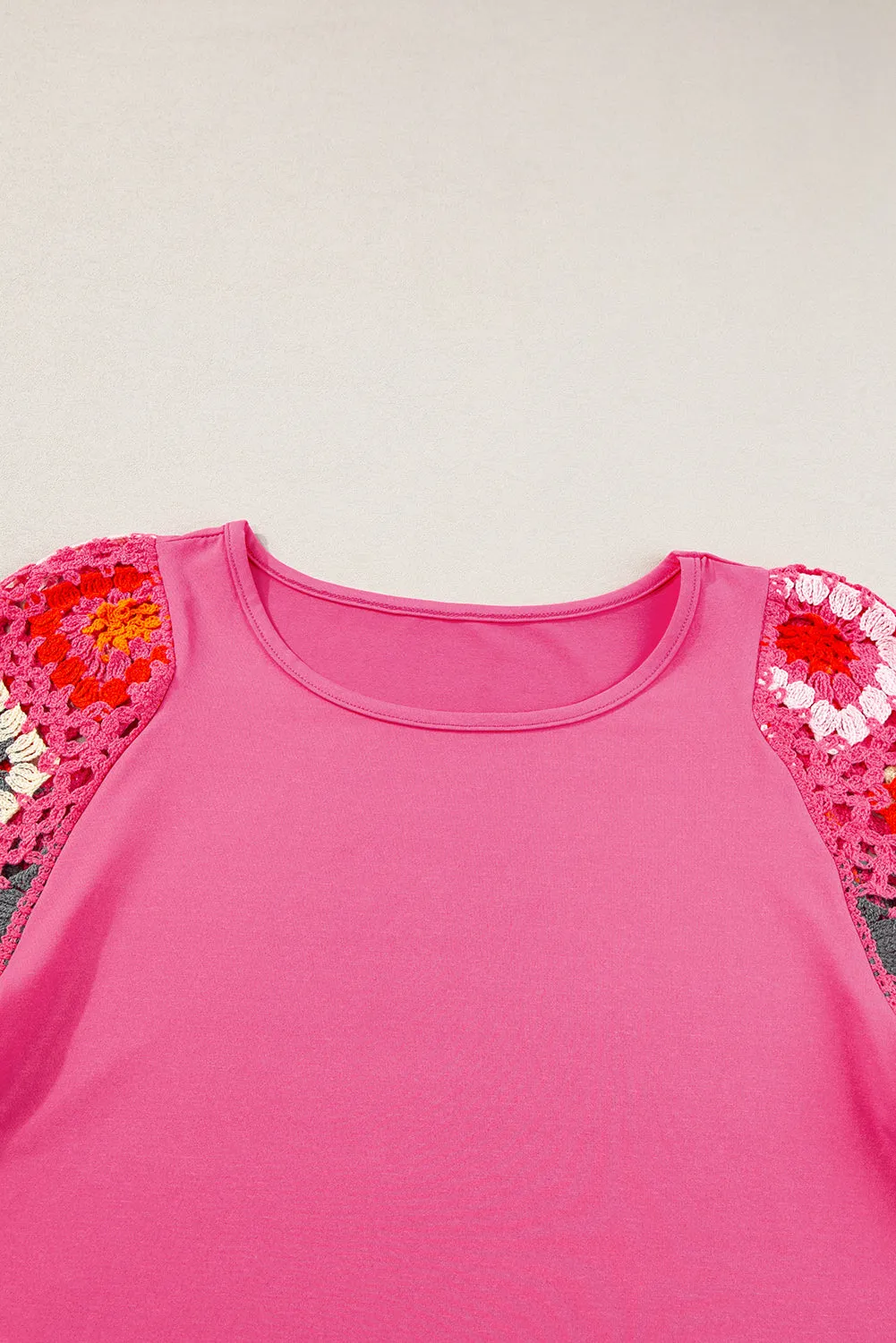 White Floral Hollowed Crochet Sleeve Boho T Shirt