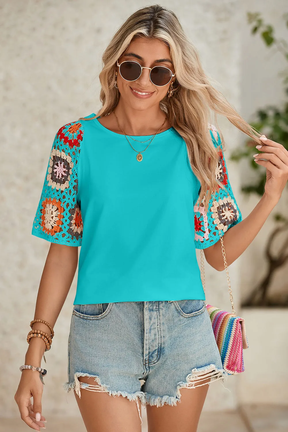 White Floral Hollowed Crochet Sleeve Boho T Shirt