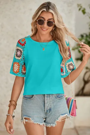 White Floral Hollowed Crochet Sleeve Boho T Shirt