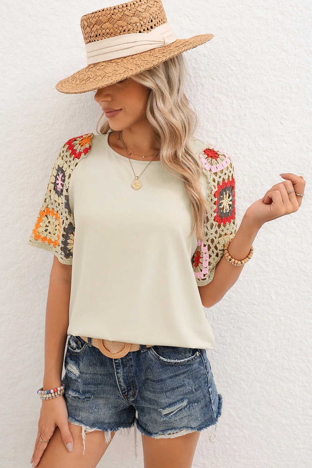 White Floral Hollowed Crochet Sleeve Boho T Shirt