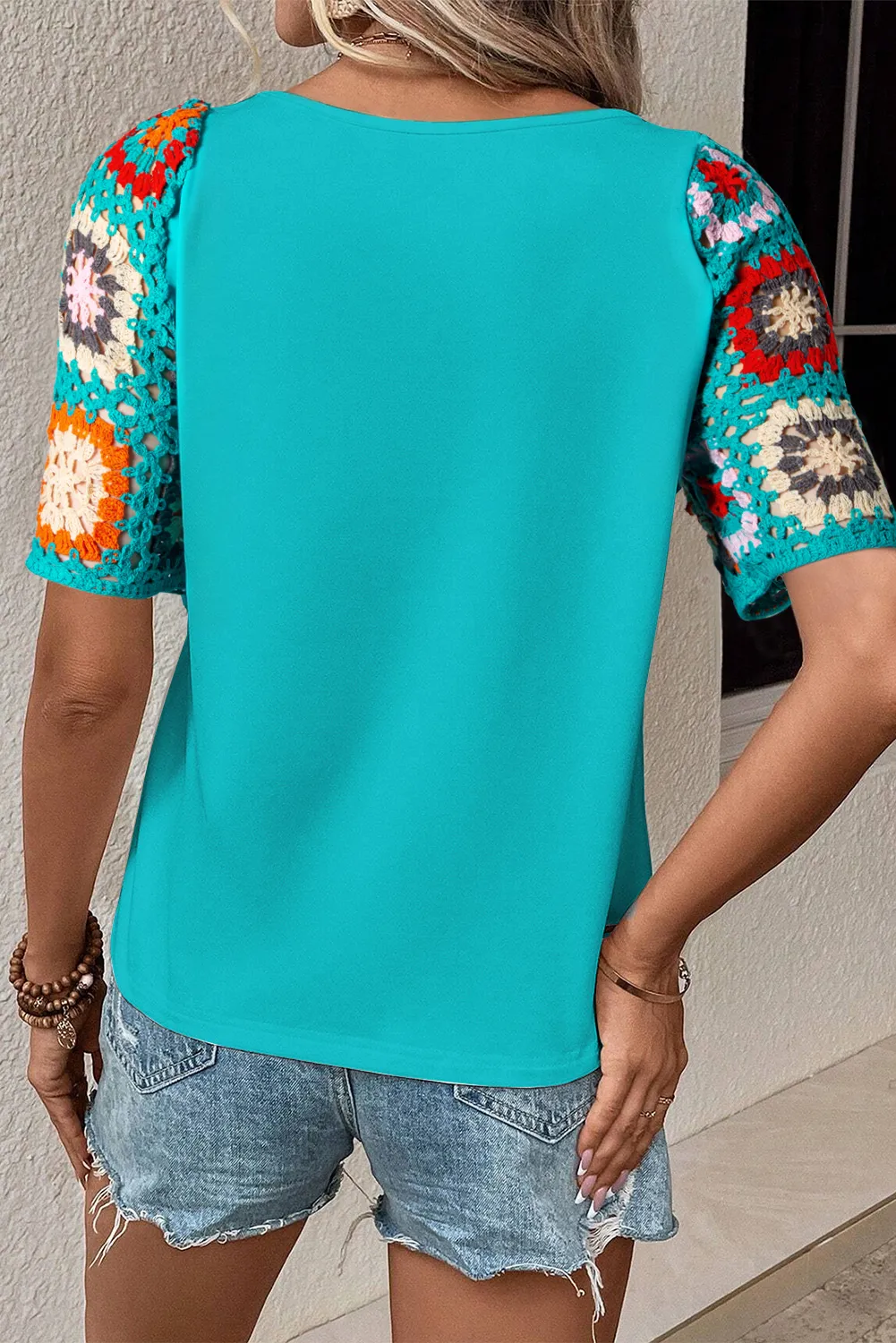 White Floral Hollowed Crochet Sleeve Boho T Shirt