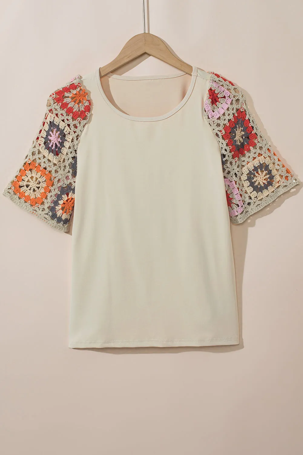 White Floral Hollowed Crochet Sleeve Boho T Shirt