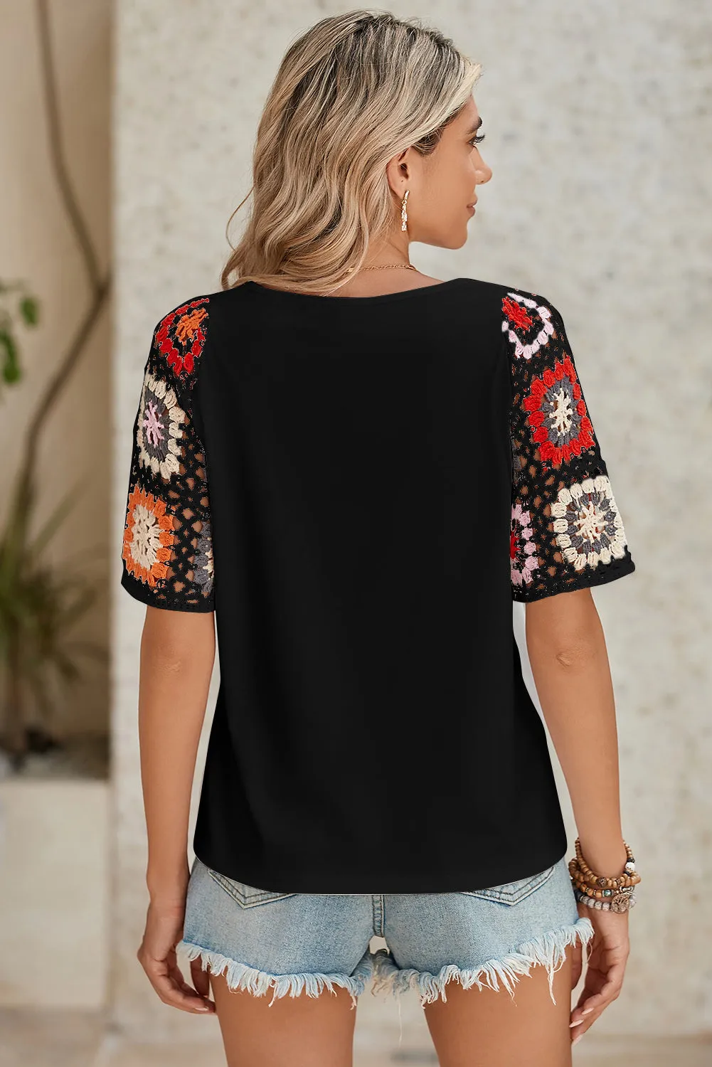 White Floral Hollowed Crochet Sleeve Boho T Shirt