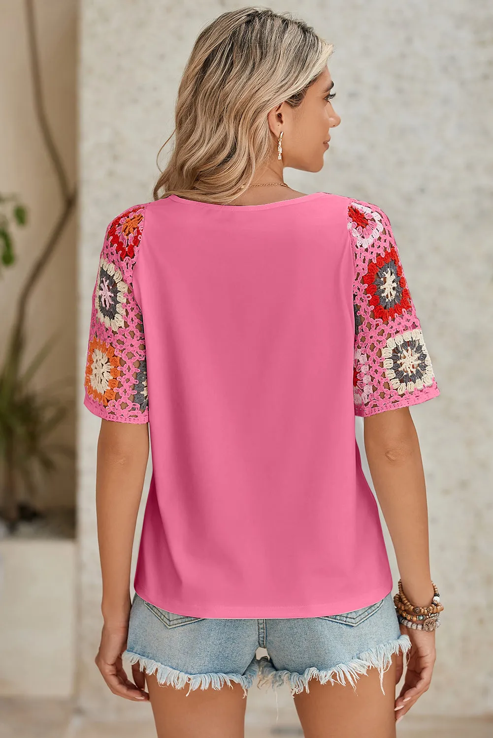 White Floral Hollowed Crochet Sleeve Boho T Shirt