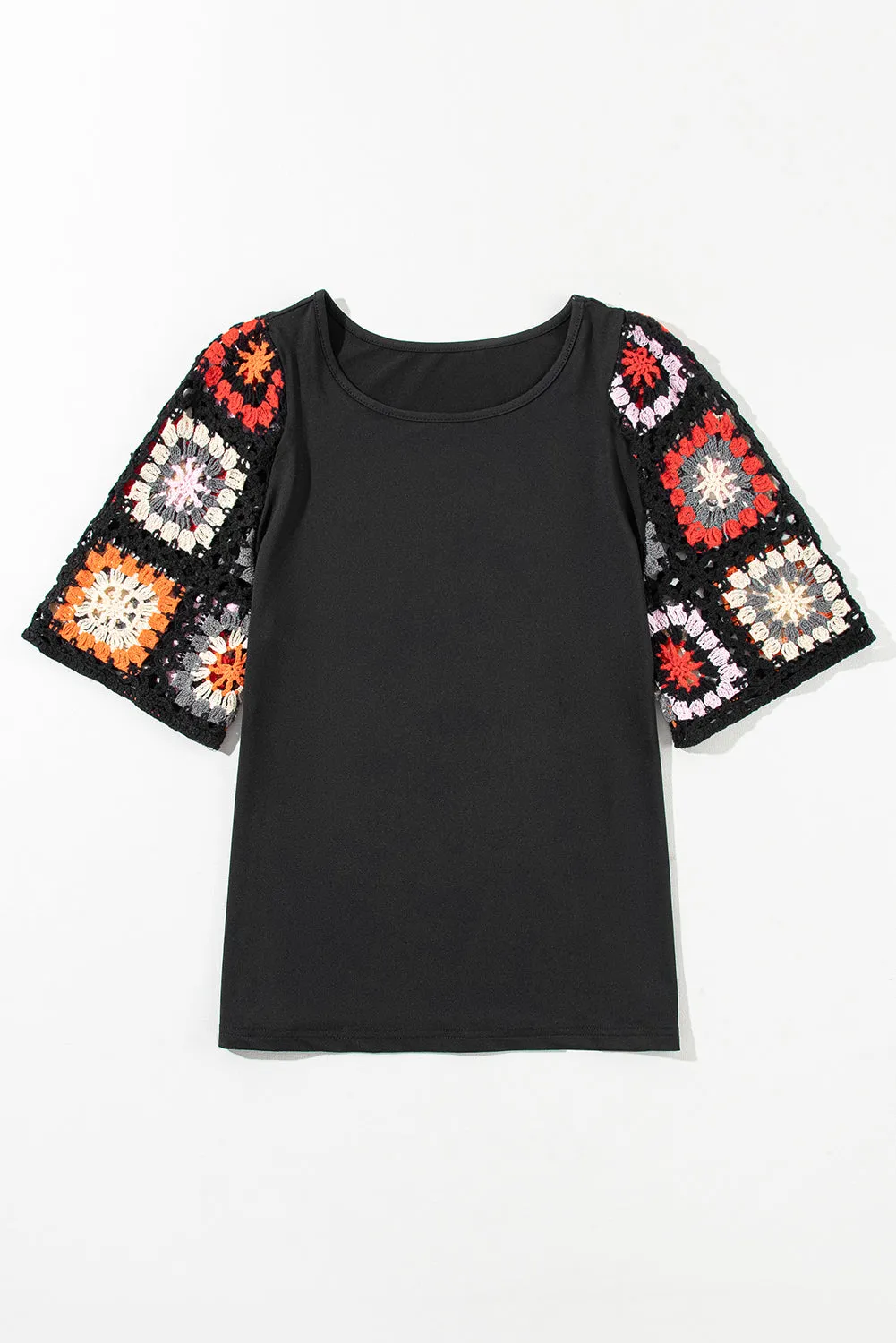 White Floral Hollowed Crochet Sleeve Boho T Shirt