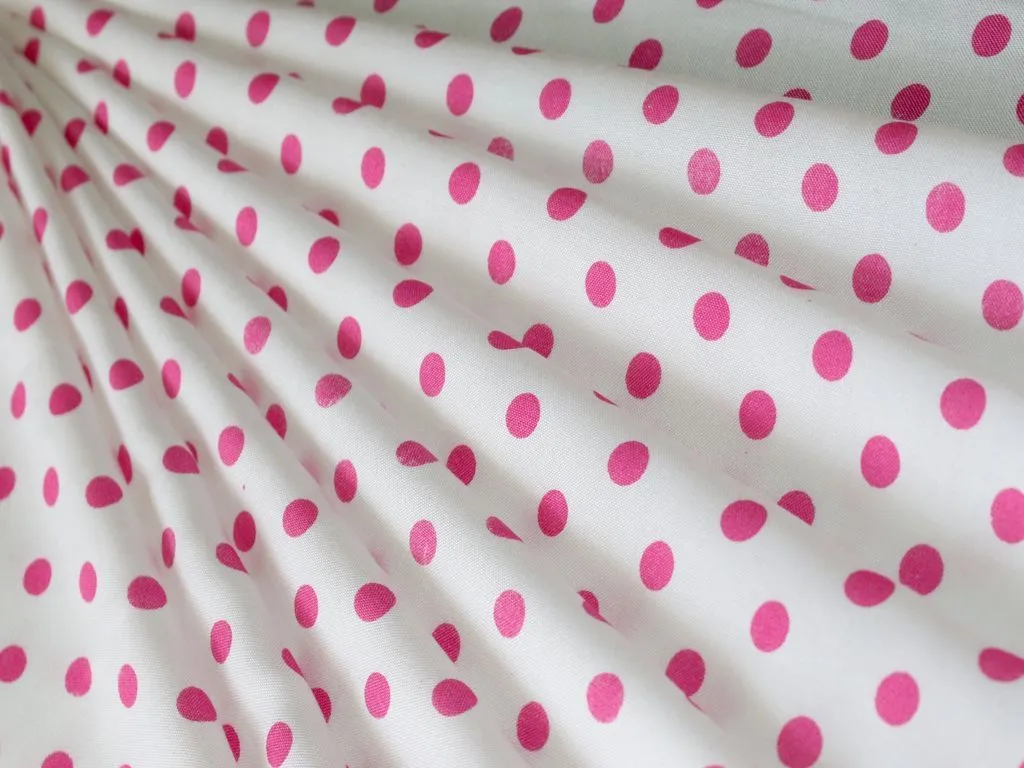 White Pink Polka Dots Viscose Rayon Fabric